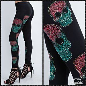 New VOCAL Womens CRYSTAL BLACK BLUE SUGAR SKULL BLING PANTS LEGGINGS S M L  XL US